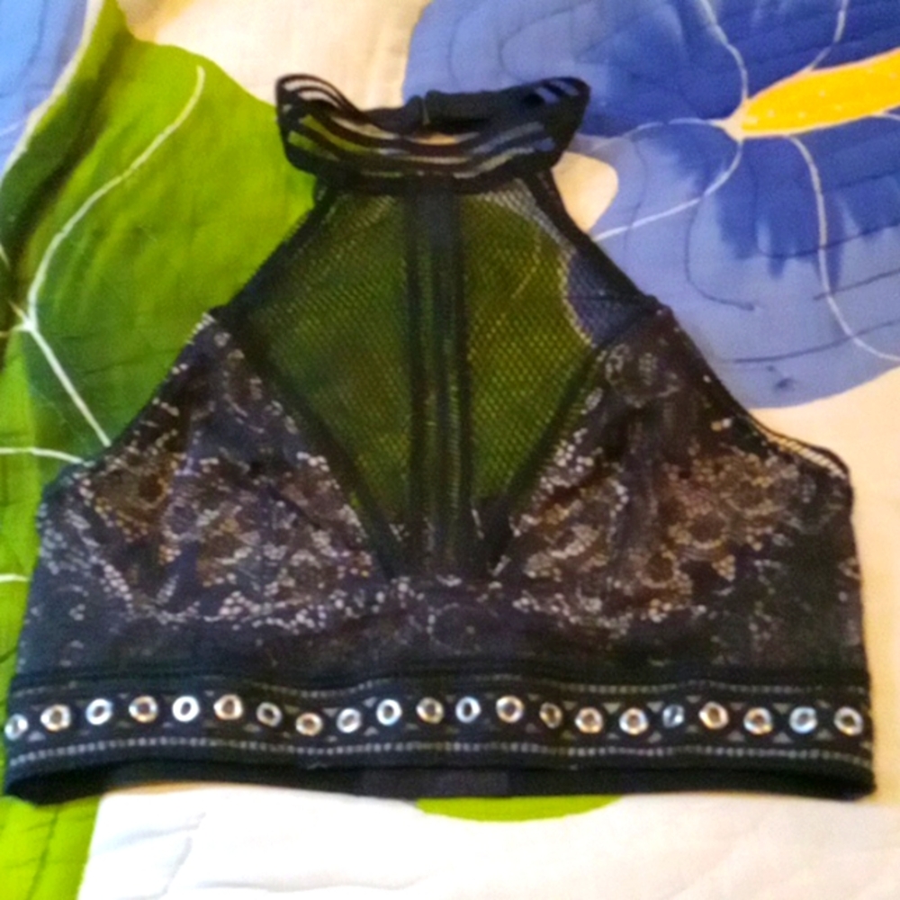 Victoria's Secret Black Lace Mesh Grommet Halter Bra S New